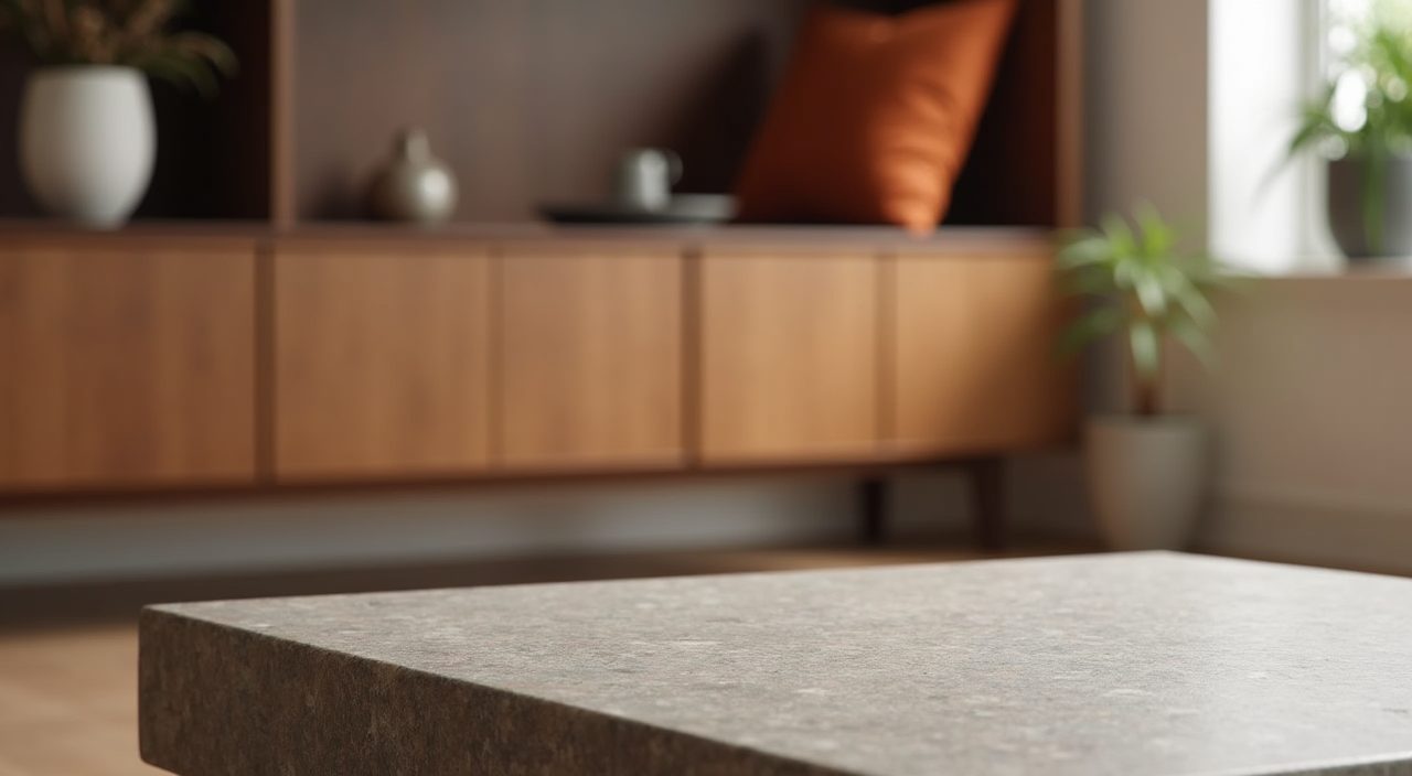 Close up of walnut cabinetry and stone table detail in a contemporary landed home living room