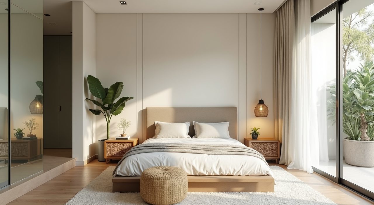 Calm tropical palette master bedroom in warm neutrals with sage accent wall in a Singapore landed home