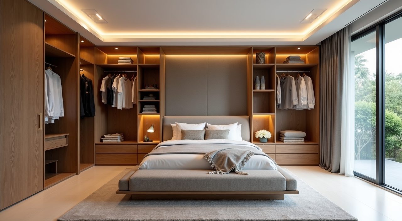 Walk-in wardrobe island screening the dressing area in a spacious tropical landed master bedroom