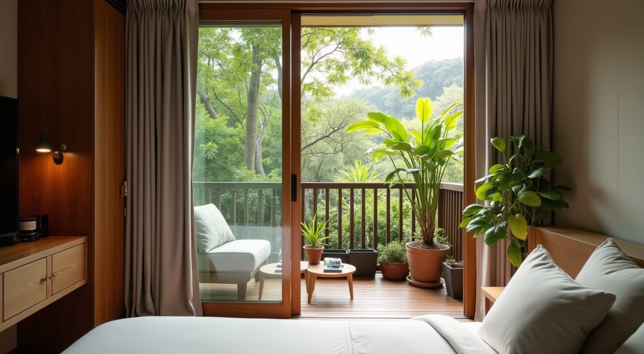 Private balcony off a tropical landed master bedroom with open glass door and greenery in Singapore