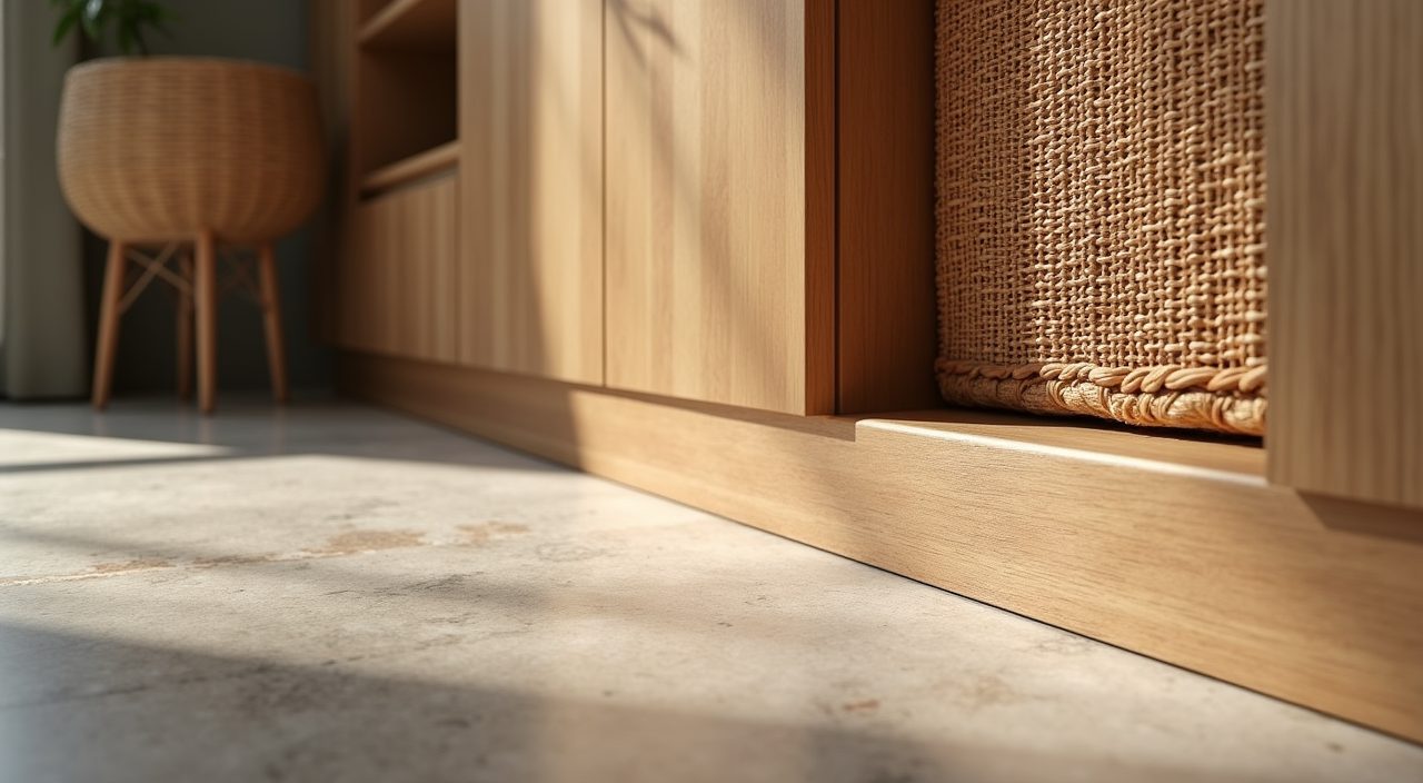 Close-up of humidity-resistant timber flooring porcelain tile and rattan materials in a tropical landed bedroom