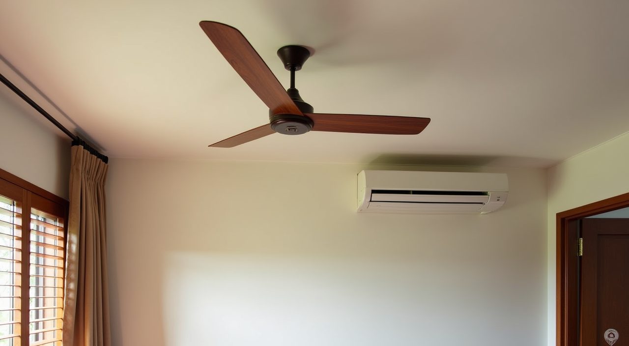 Ceiling fan air conditioning unit and louvre window ventilation detail in a tropical landed master bedroom