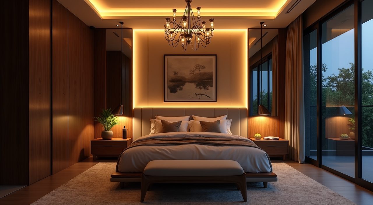 Layered warm lighting with cove downlights bedside lamps and pendant in a tropical landed master bedroom