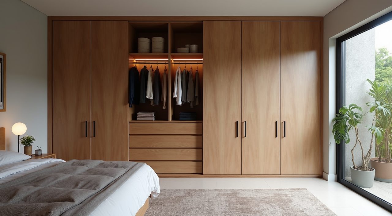 Floor to ceiling handleless built-in wardrobe with interior lighting in a tropical landed master bedroom