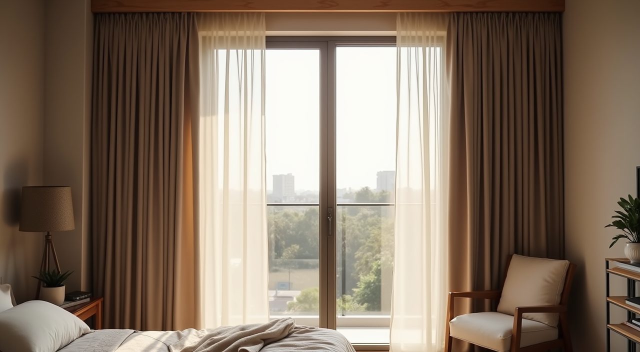 Large bedroom window with sheer and blackout curtain layering in a tropical Singapore landed master bedroom