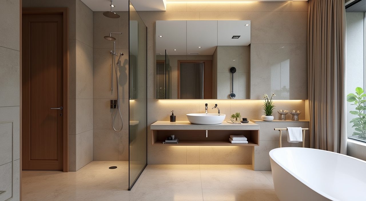 Contemporary tropical ensuite with frameless glass shower and floating vanity matching the landed master bedroom