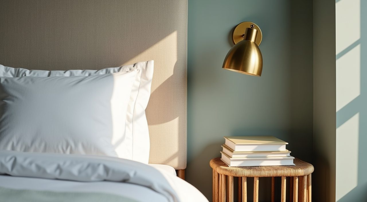 Close-up of linen headboard sage wall and brass reading light in a tropical landed master bedroom