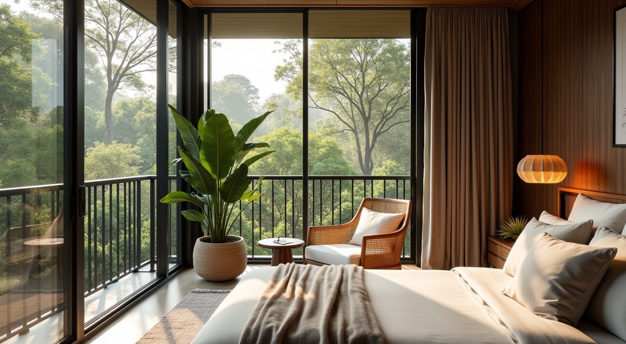 Rattan reading nook corner by a window with tropical view in a Singapore landed master bedroom
