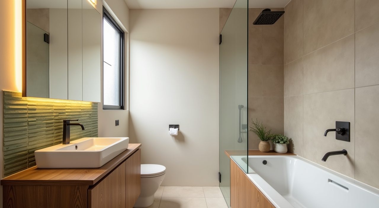 Mid-century modern HDB bathroom with warm neutral walls and an olive green accent tile strip