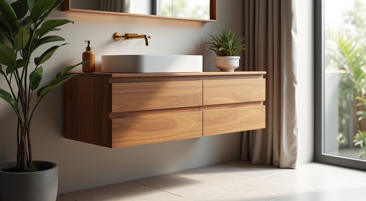 Mid-century modern condo bathroom with a floating teak-look wood vanity lifted off the floor