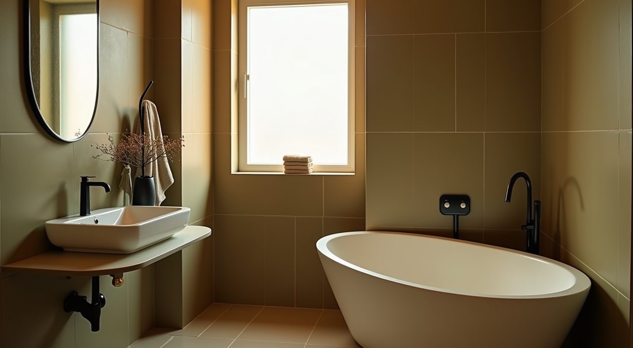 Mood shot of daylight through a frosted window in a mid-century modern Singapore bathroom