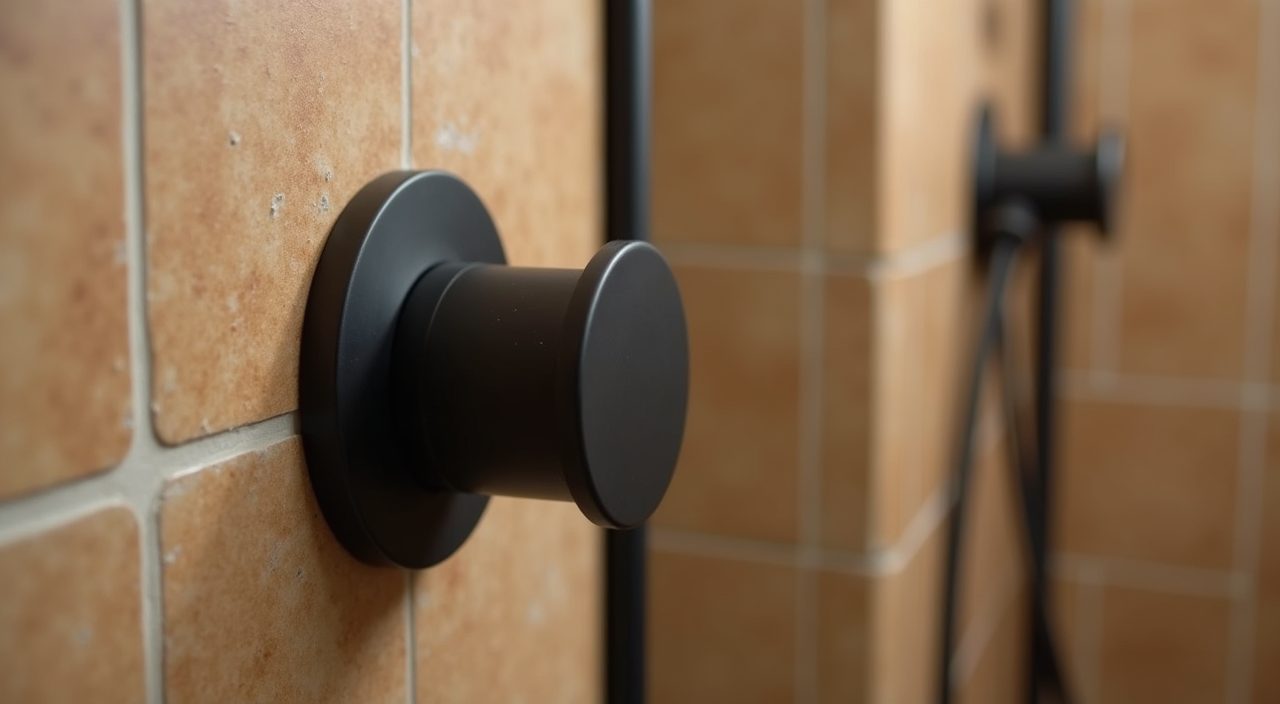 Matte black shower set and cabinet pull detail in a mid-century modern Singapore bathroom