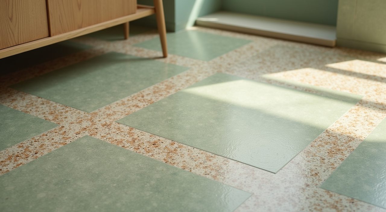 Close up of warm terrazzo-look porcelain floor tiles in a mid-century modern Singapore bathroom