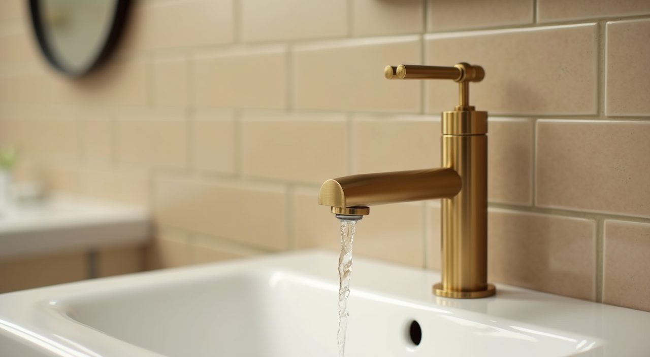 Detail of brushed brass tapware against warm tiles in a mid-century modern bathroom