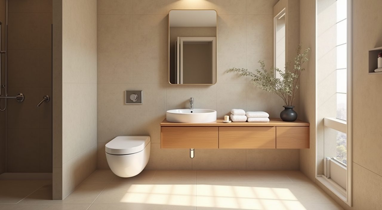 Mid-century modern HDB bathroom with wall-hung toilet and floating vanity over clear floor space