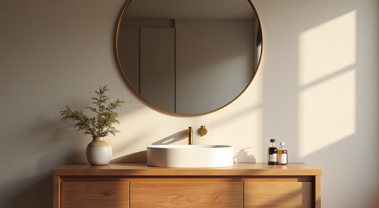 Round brass-framed mirror above a wood-tone vanity in a mid-century modern bathroom