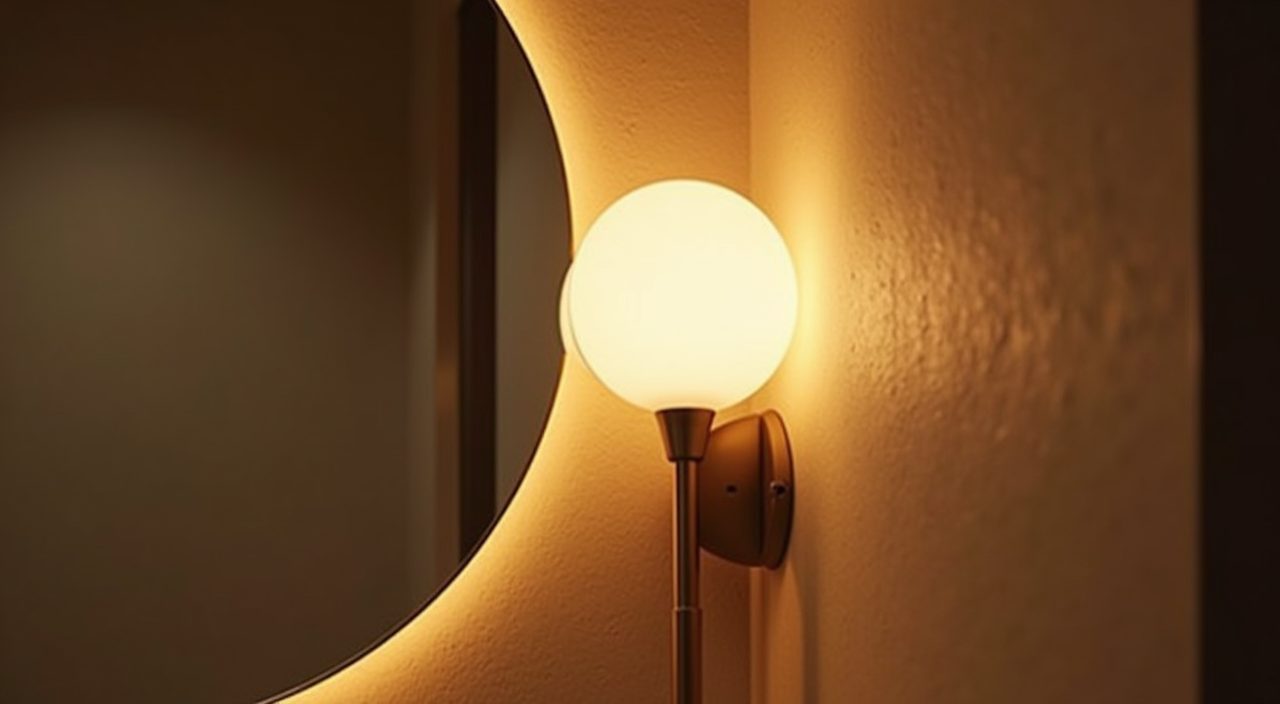 Opal globe wall light beside a mirror giving warm layered lighting in a mid-century modern bathroom
