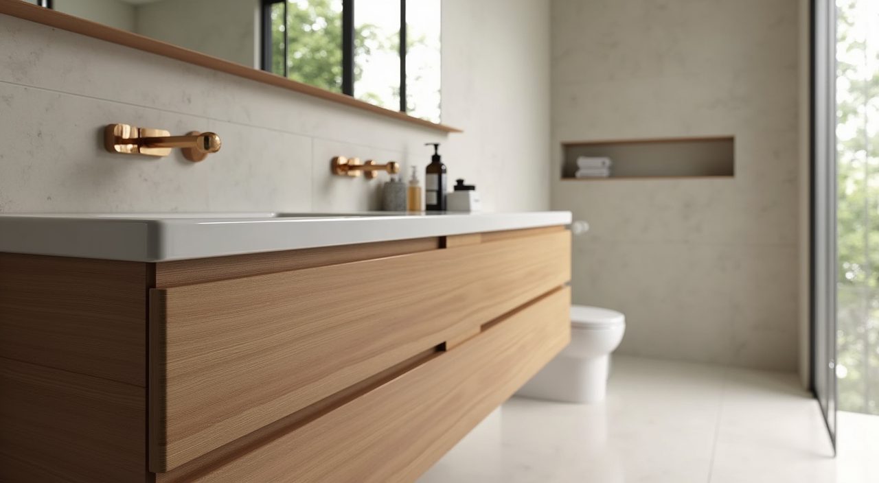 Handle-light wood-tone vanity drawers and a tiled shower niche in a mid-century modern bathroom