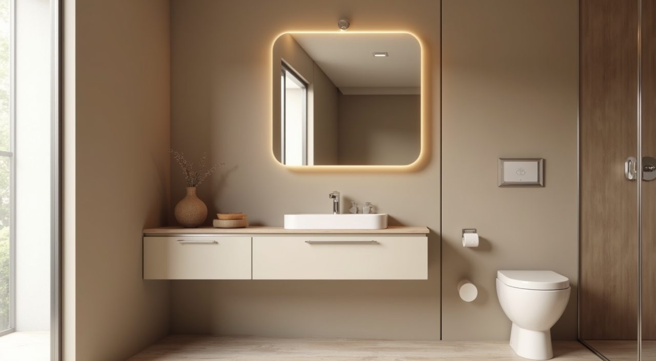 Capsule-shaped mirror cabinet in a corner nook of a mid-century modern Singapore bathroom
