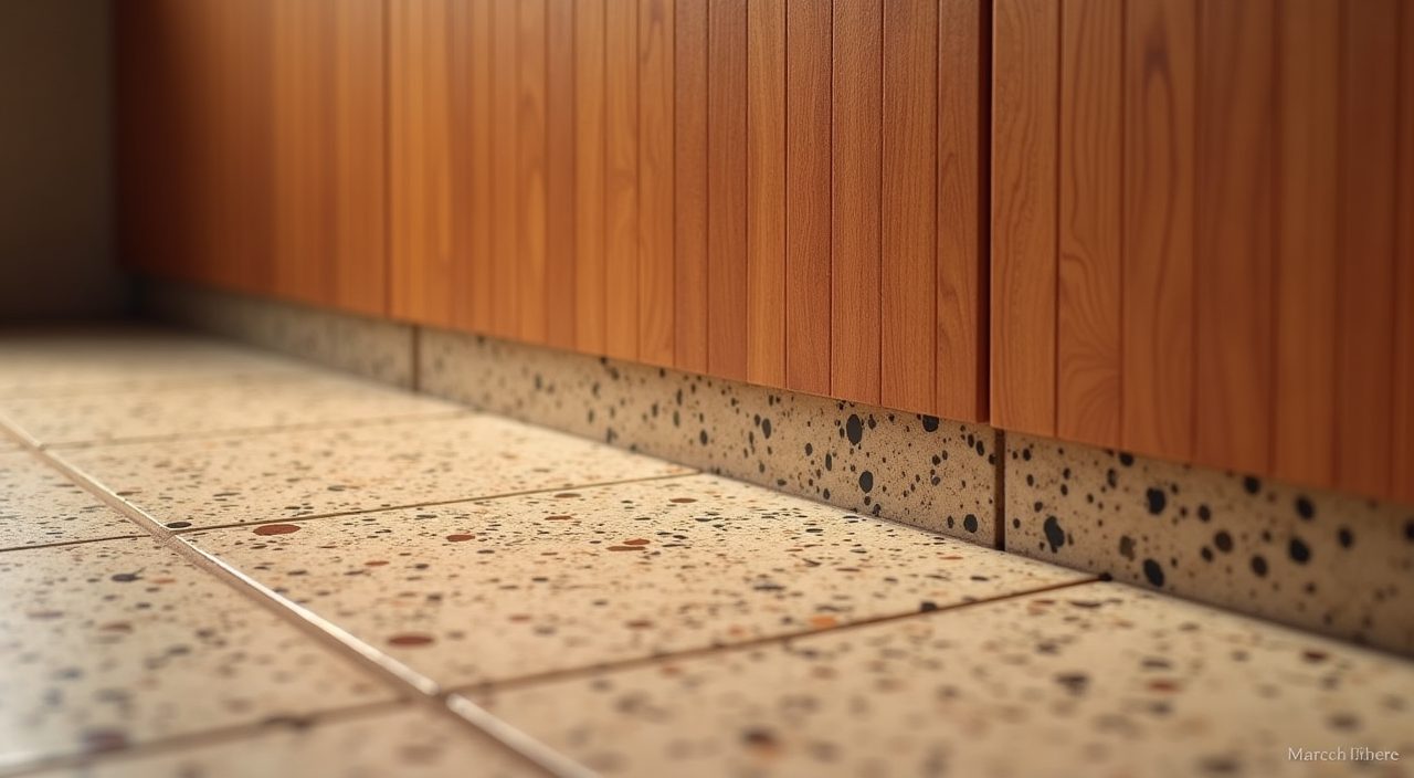 Material detail of teak-look laminate meeting terrazzo tile in a mid-century modern bathroom