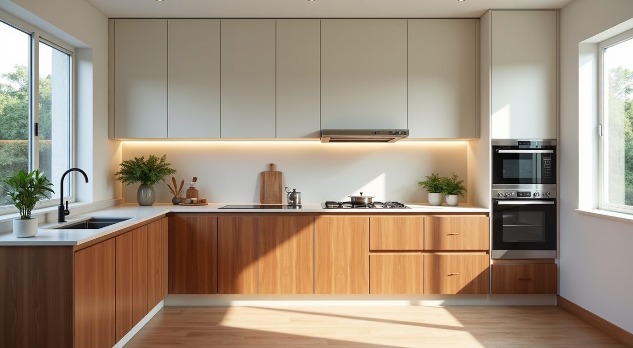 Mid-century modern Singapore HDB kitchen with warm teak wood-grain lower cabinets and off-white neutral upper cabinets