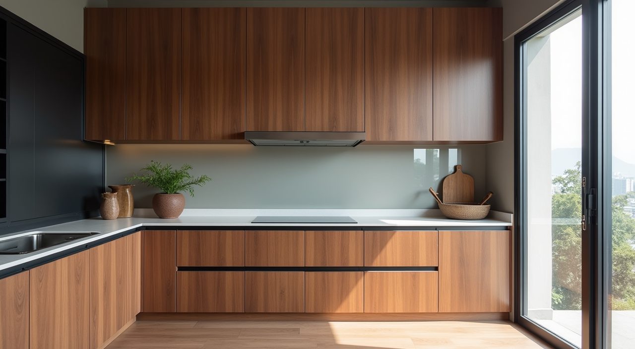 Mid-century modern Singapore condo kitchen with flat handleless walnut cabinet fronts and slim matte black pulls