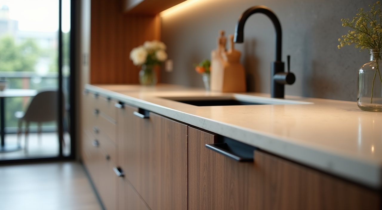Mid-century modern Singapore kitchen hardware detail of matte black pulls and brass tapware on walnut drawer fronts