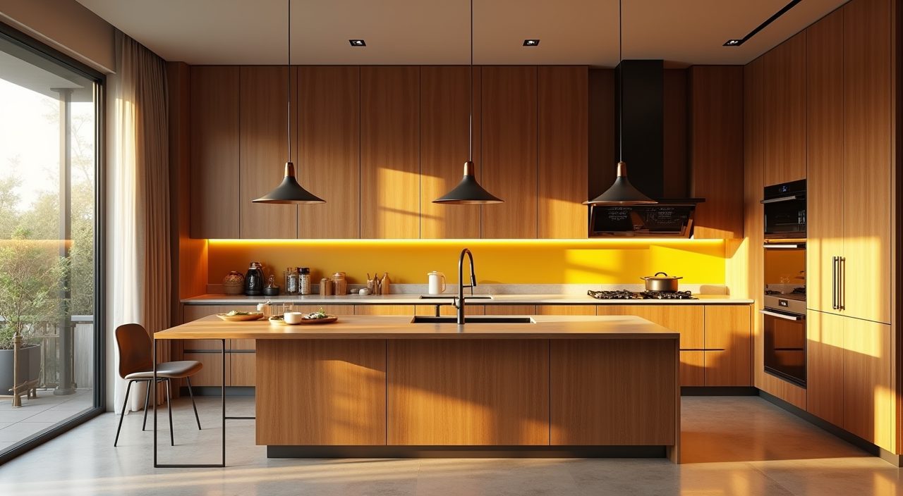 Mid-century modern Singapore HDB kitchen wide golden-hour view with warm wood cabinetry, mustard accent and layered lighting