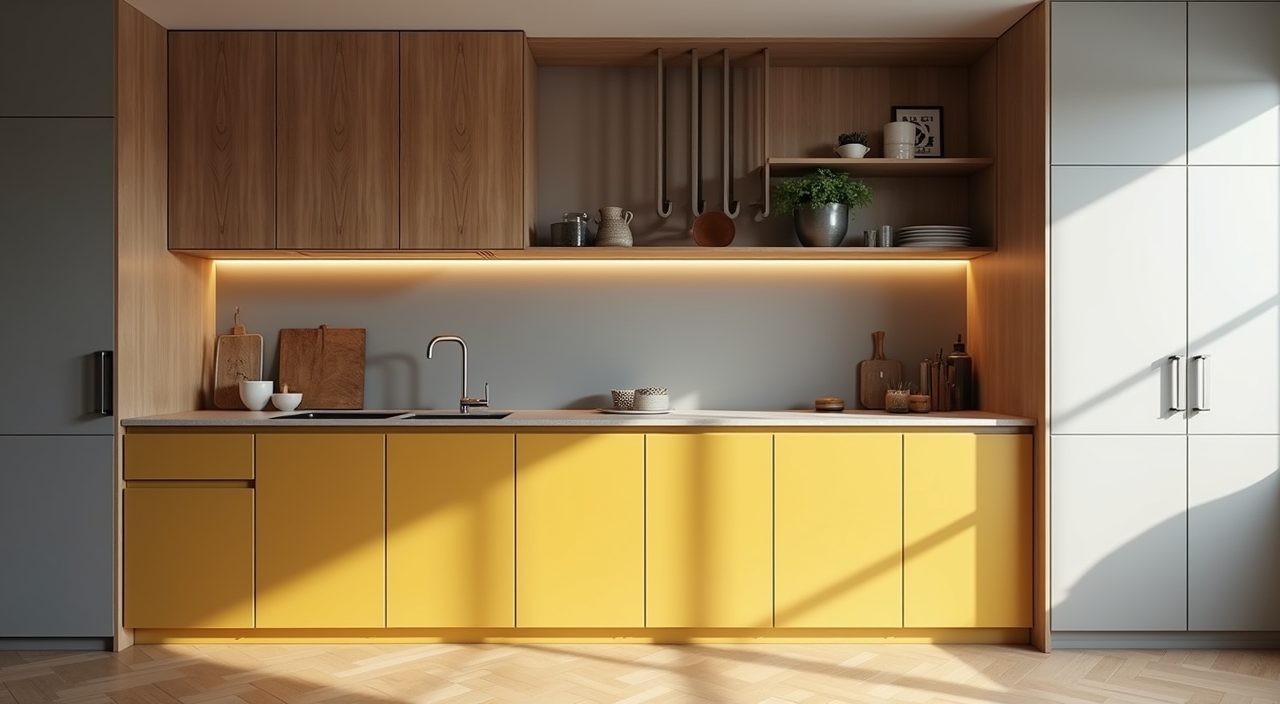 Mid-century modern Singapore kitchen with mustard yellow accent lower cabinets against a warm grey neutral base