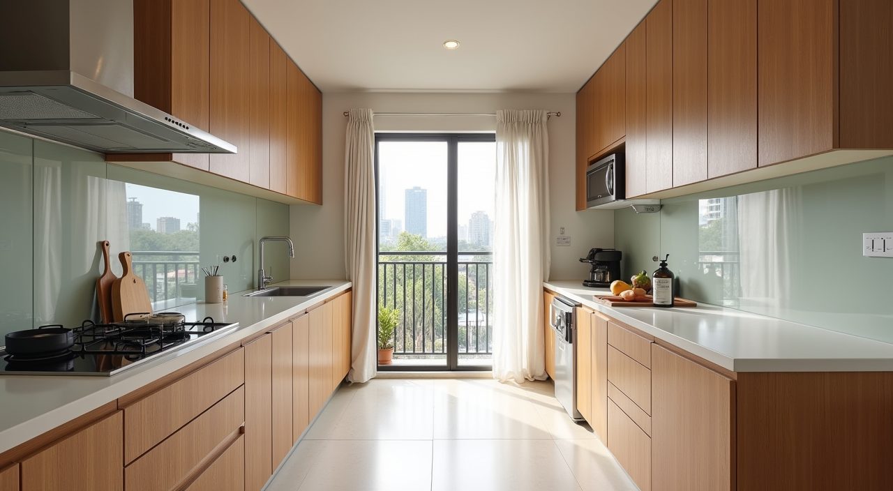 Mid-century modern Singapore HDB galley kitchen with two-tone parallel cabinet runs in wood-grain and neutral