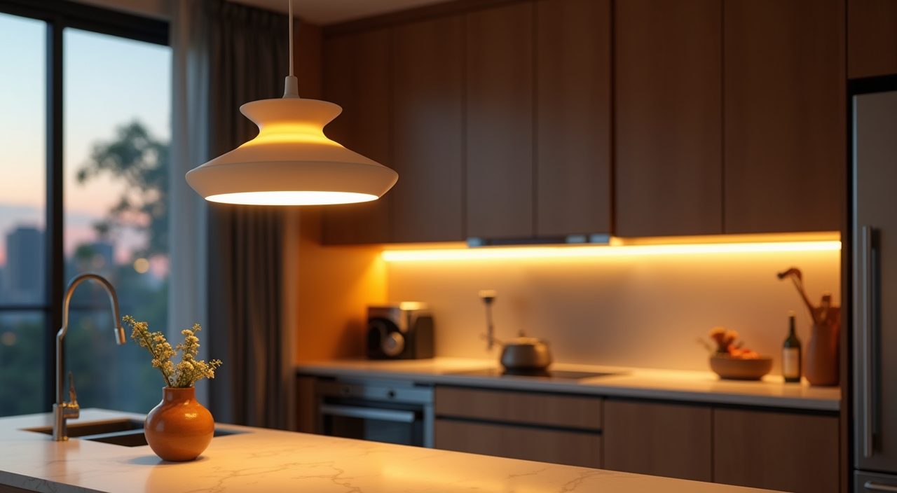 Mid-century modern Singapore kitchen sculptural pendant light and warm under-cabinet LED lighting over a peninsula