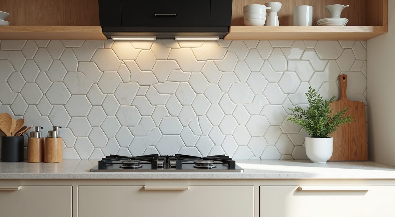 Mid-century modern Singapore kitchen close-up of elongated hexagon ceramic splashback and sintered stone countertop
