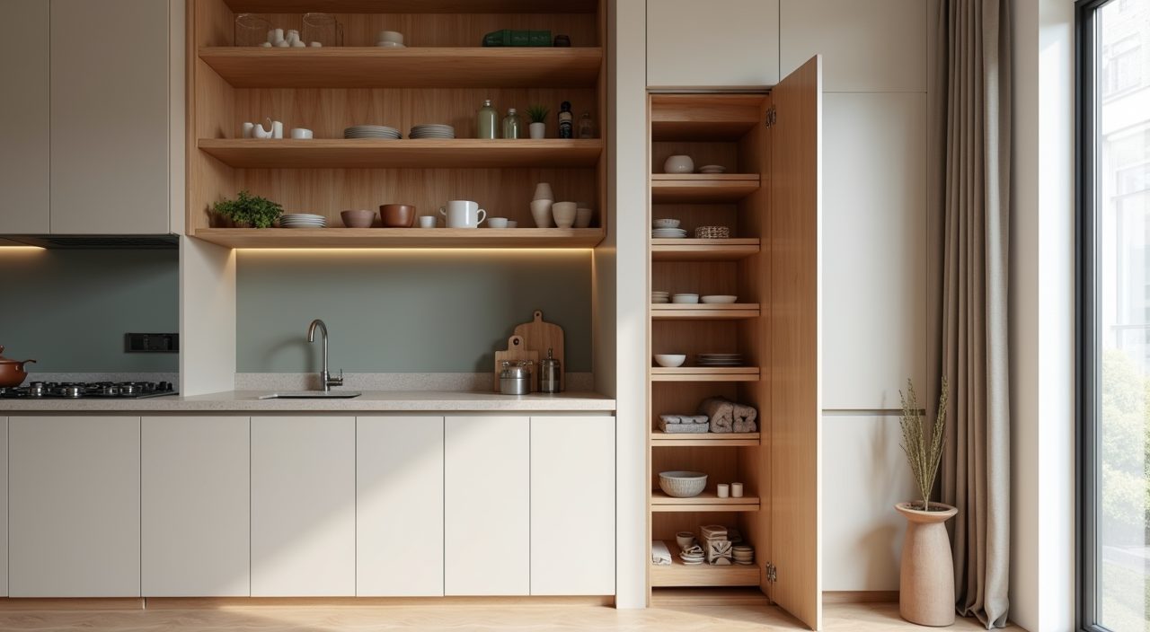 Mid-century modern Singapore kitchen with warm oak open shelving and full-height concealed pantry storage