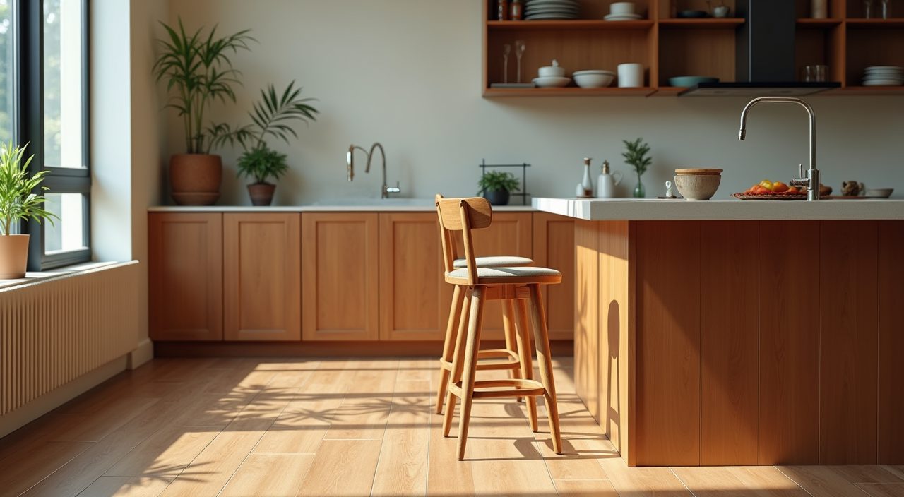 Mid-century modern Singapore kitchen corner with a tapered-leg timber bar stool, brass tapware and wood-look floor tiles
