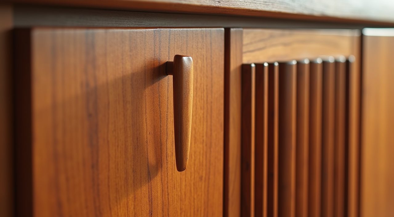 Mid-century modern Singapore kitchen macro detail of teak wood-grain laminate fronts with tapered timber handle and fluted wood