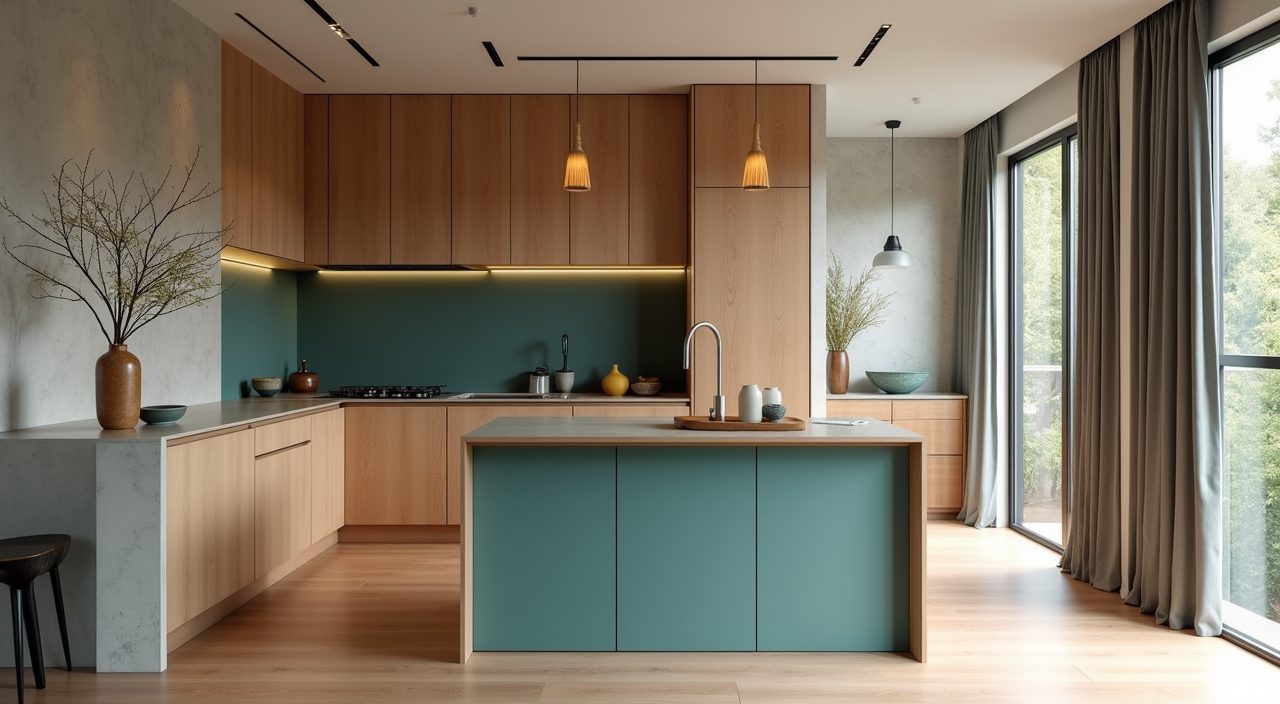 Mid-century modern Singapore condo kitchen nook with an L-shaped breakfast bar and teal accent island end panel
