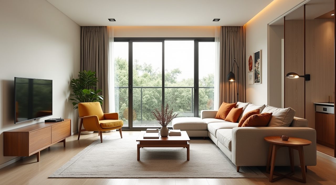 Mid-century modern living room with warm earthy palette and mustard accent chair in a Singapore HDB flat
