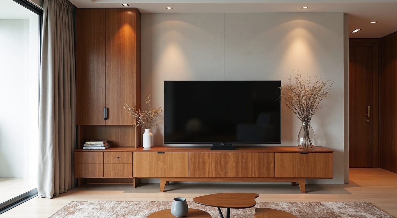 Mid-century modern living room featuring warm teak and walnut wood furniture in a Singapore condo