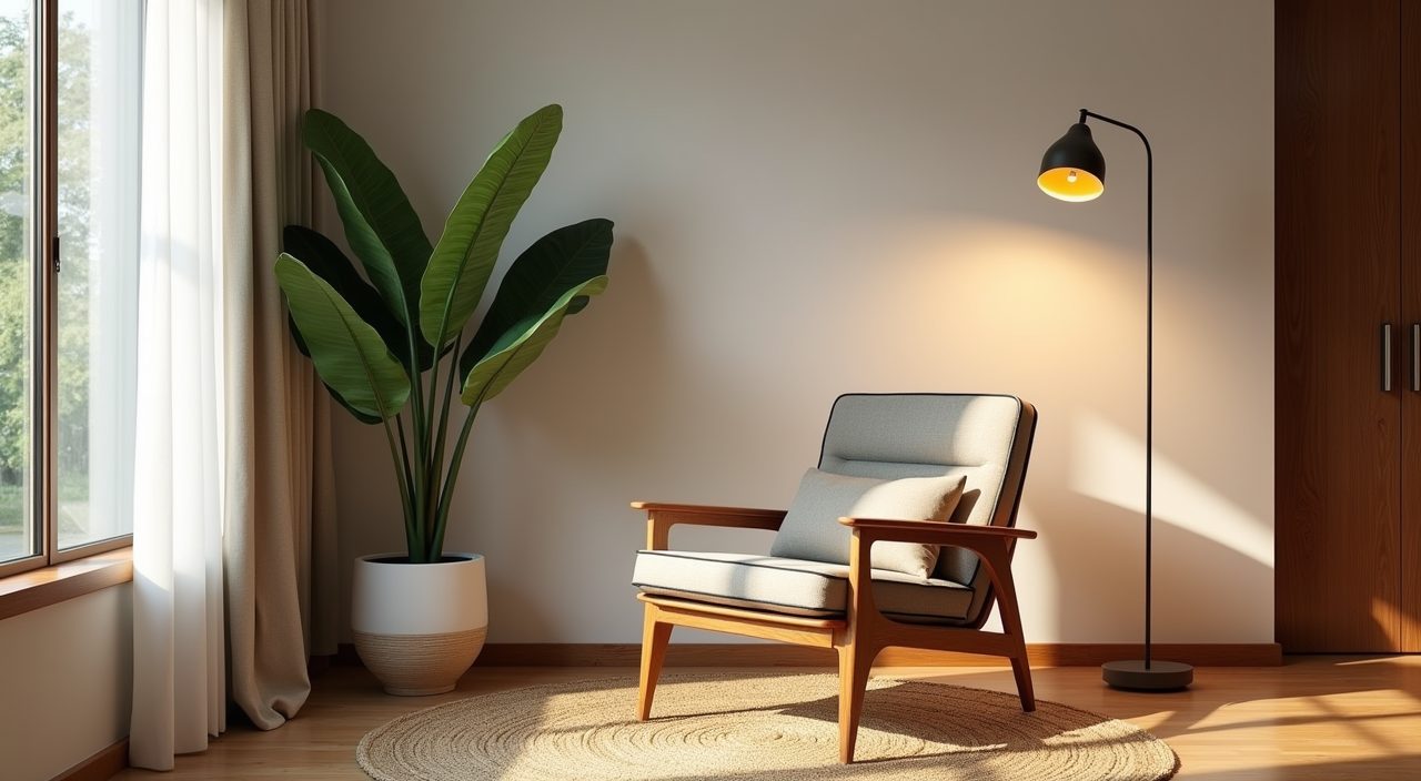 Mid-century modern reading nook corner with lounge chair, plant and floor lamp in a Singapore living room