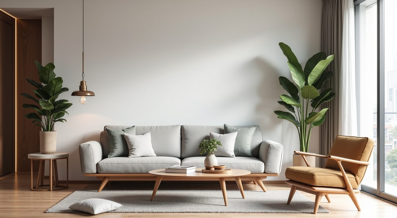 Mid-century modern low-slung sofa with tapered legs floated off the wall in a Singapore condo living room