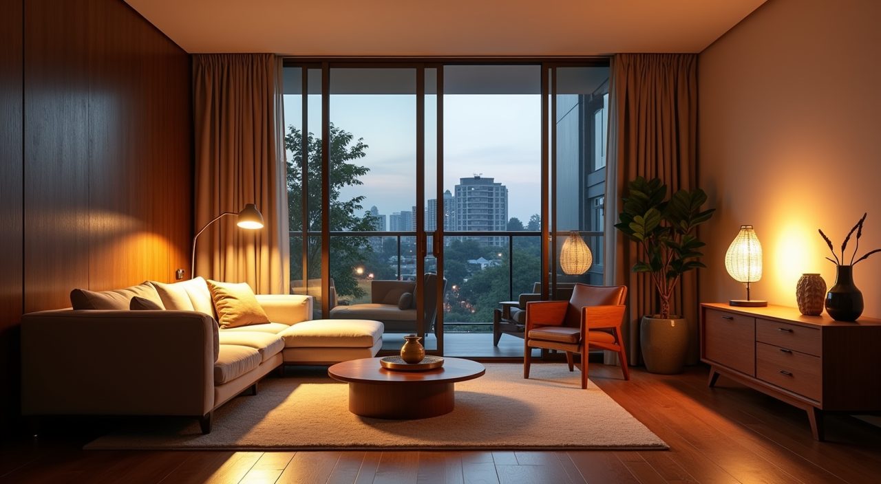 Mid-century modern living room with layered warm lighting including a globe pendant and arc floor lamp in a Singapore apartment