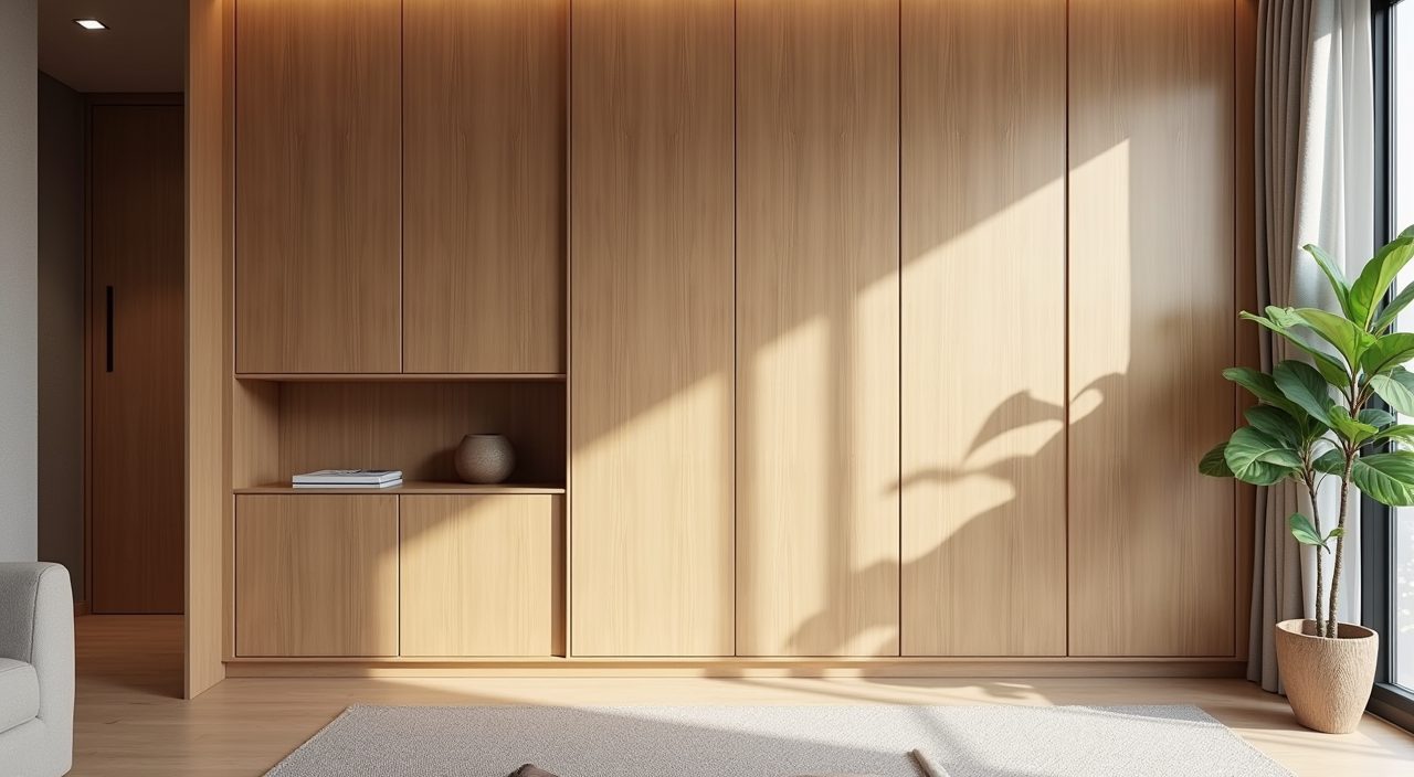 Mid-century modern full-height handle-free wood-look storage wall in a small Singapore HDB living room