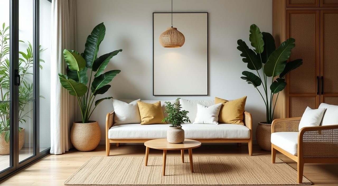 Mid-century modern living room with fiddle-leaf fig, rattan details and natural texture in a Singapore apartment
