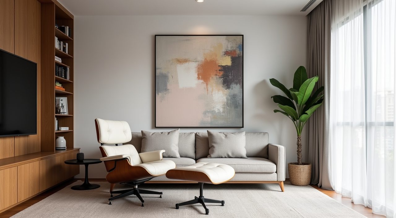 Mid-century modern living room with an iconic lounge chair statement piece and abstract art in a Singapore condo