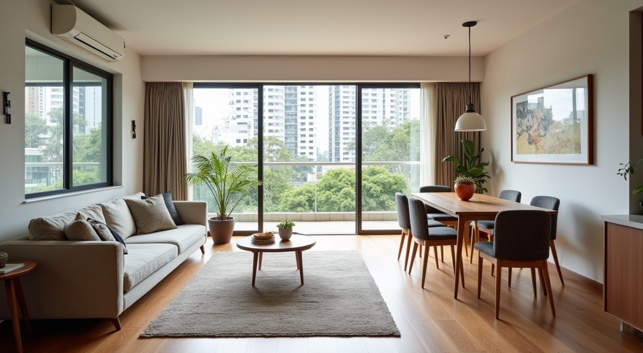 Open-plan mid-century modern living and dining room with clear sightlines and walkways in a Singapore HDB flat