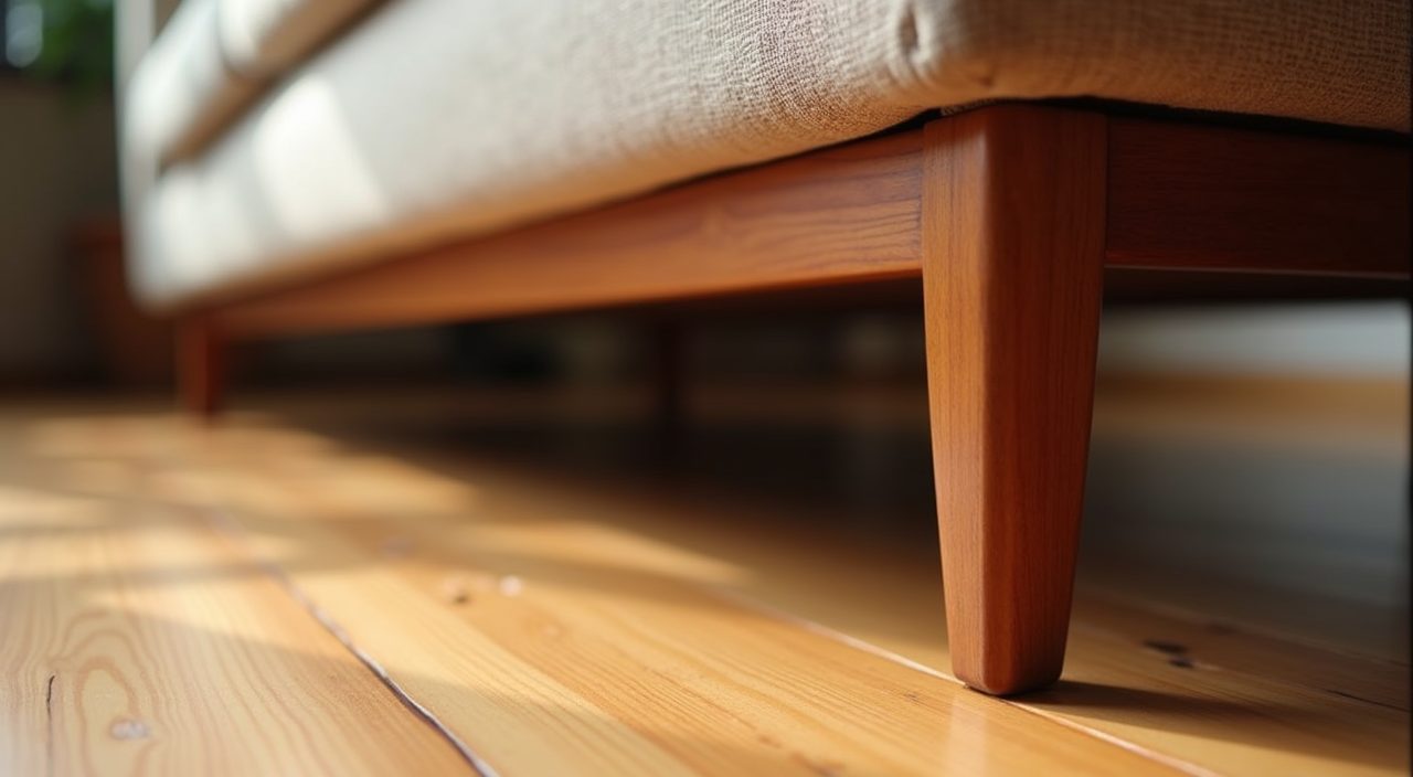 Close-up of a tapered teak sofa leg and warm wood-look flooring in a mid-century modern Singapore living room