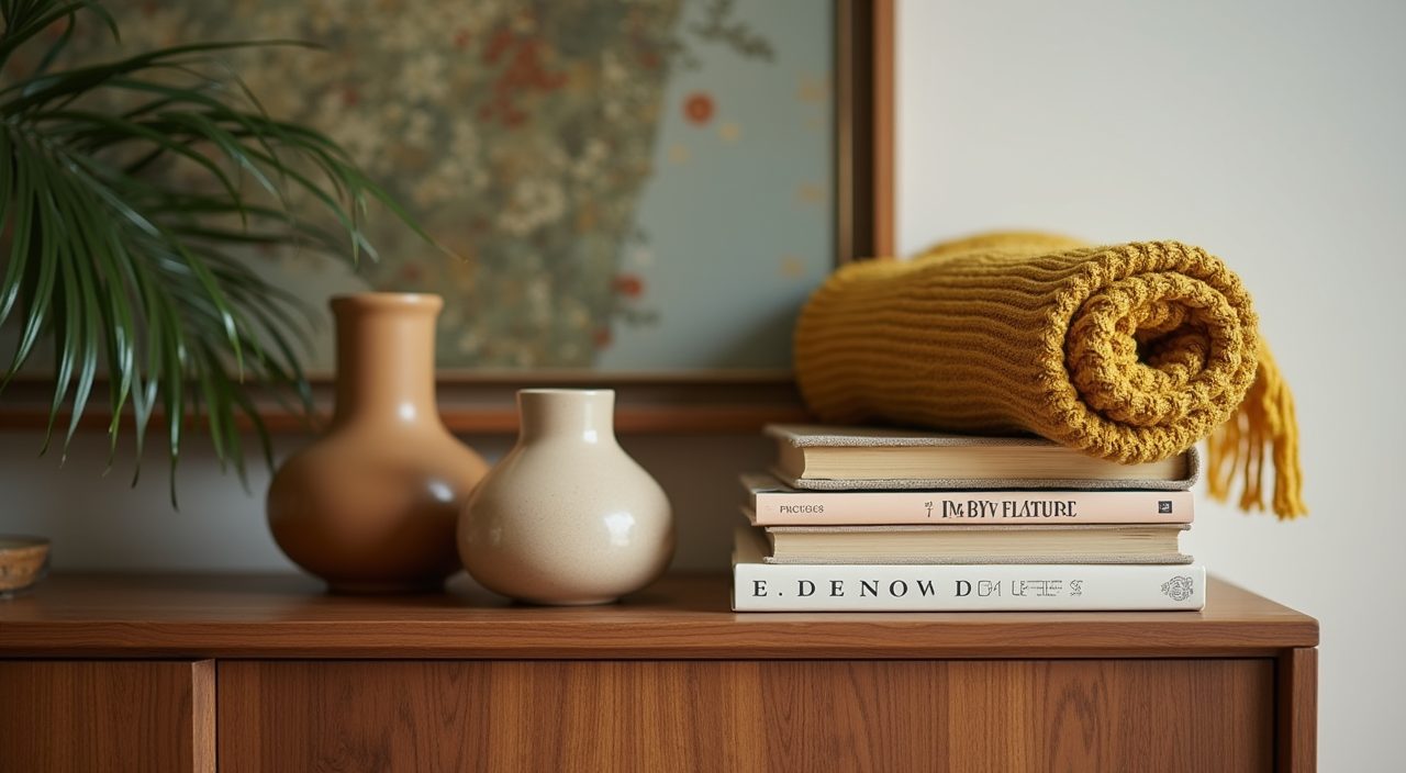 Mid-century modern sideboard detail with ceramics, books and a woven throw in a Singapore living room