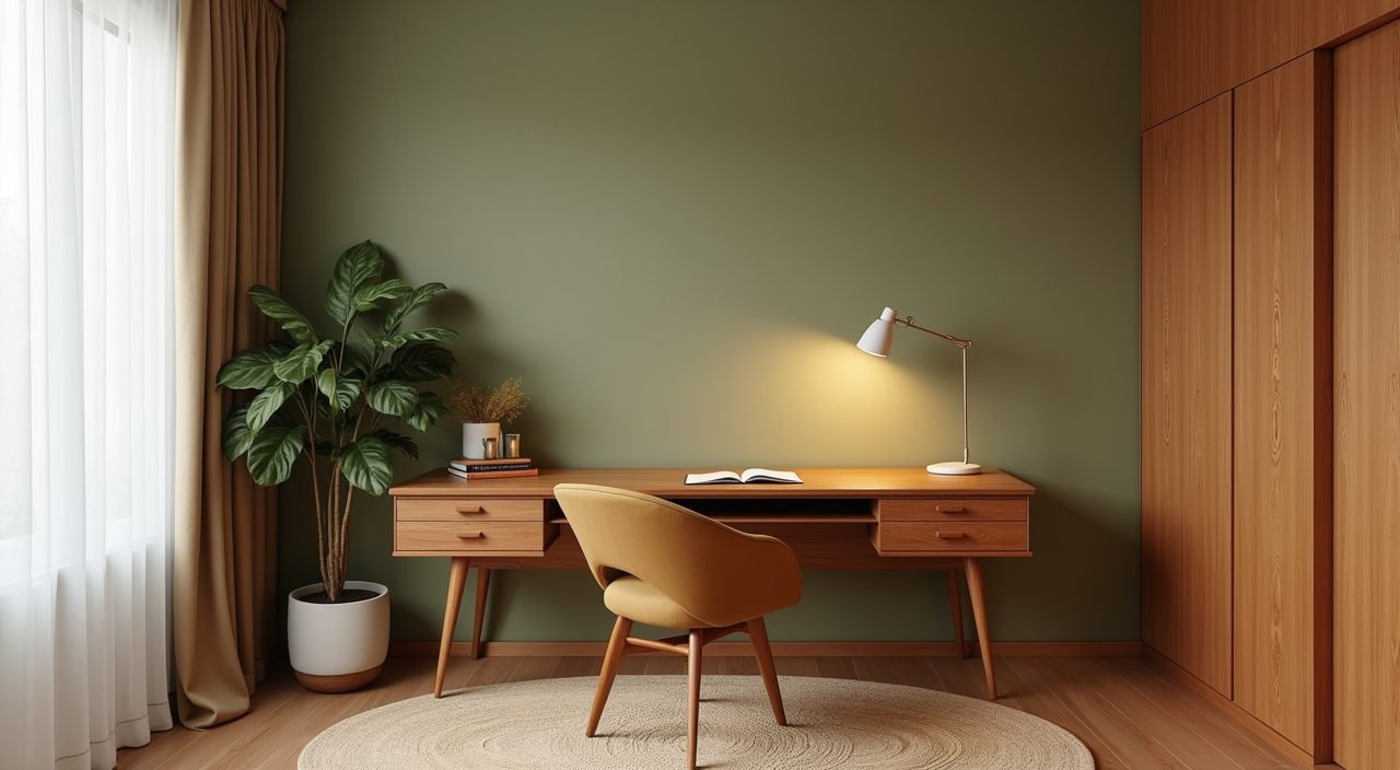 Mid-century modern study room in a Singapore HDB flat with a warm teak wood desk and olive green feature wall