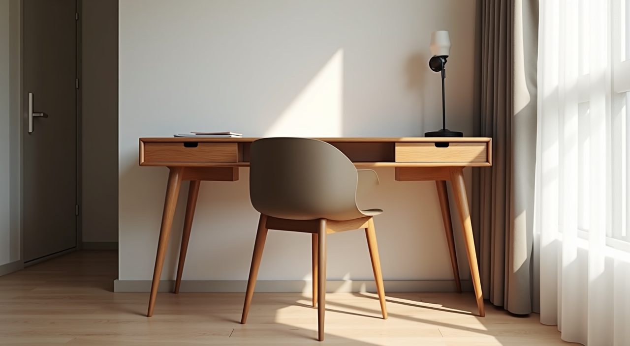Mid-century modern slim tapered-leg wood study desk in a compact Singapore HDB bedroom study