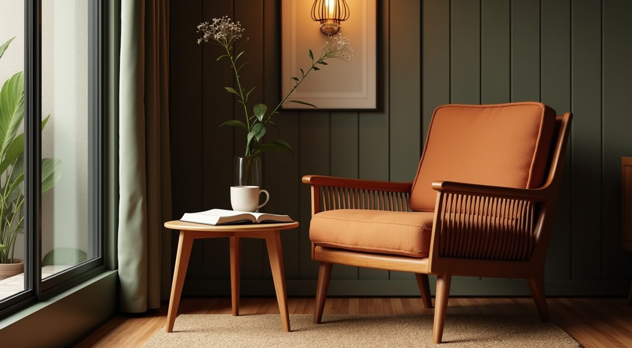 Mid-century modern reading nook corner with a spindle-back chair in a Singapore study room